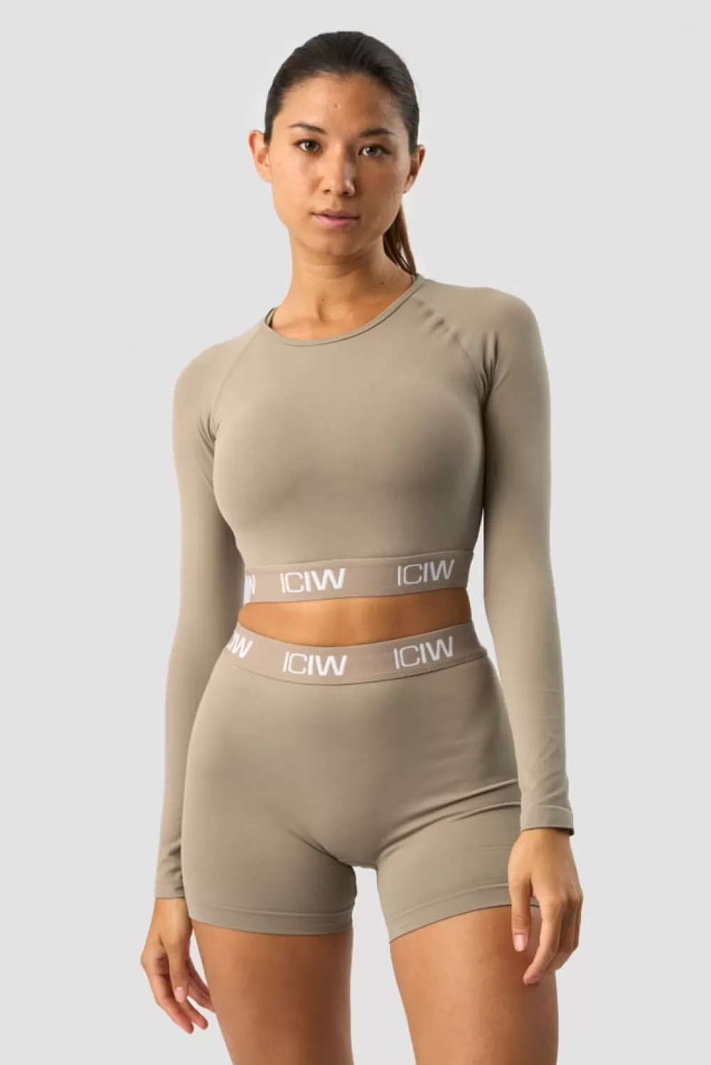 Women ICIW Define Seamless Logo Long Sleeve Crop Top Taupe