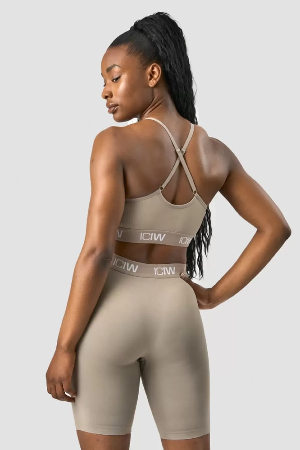 Women ICIW Define Seamless Logo Strappy Sports Bra Taupe