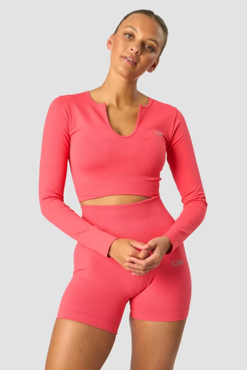 Women ICIW Ribbed Define Seamless Cropped Long Sleeve Coral Red