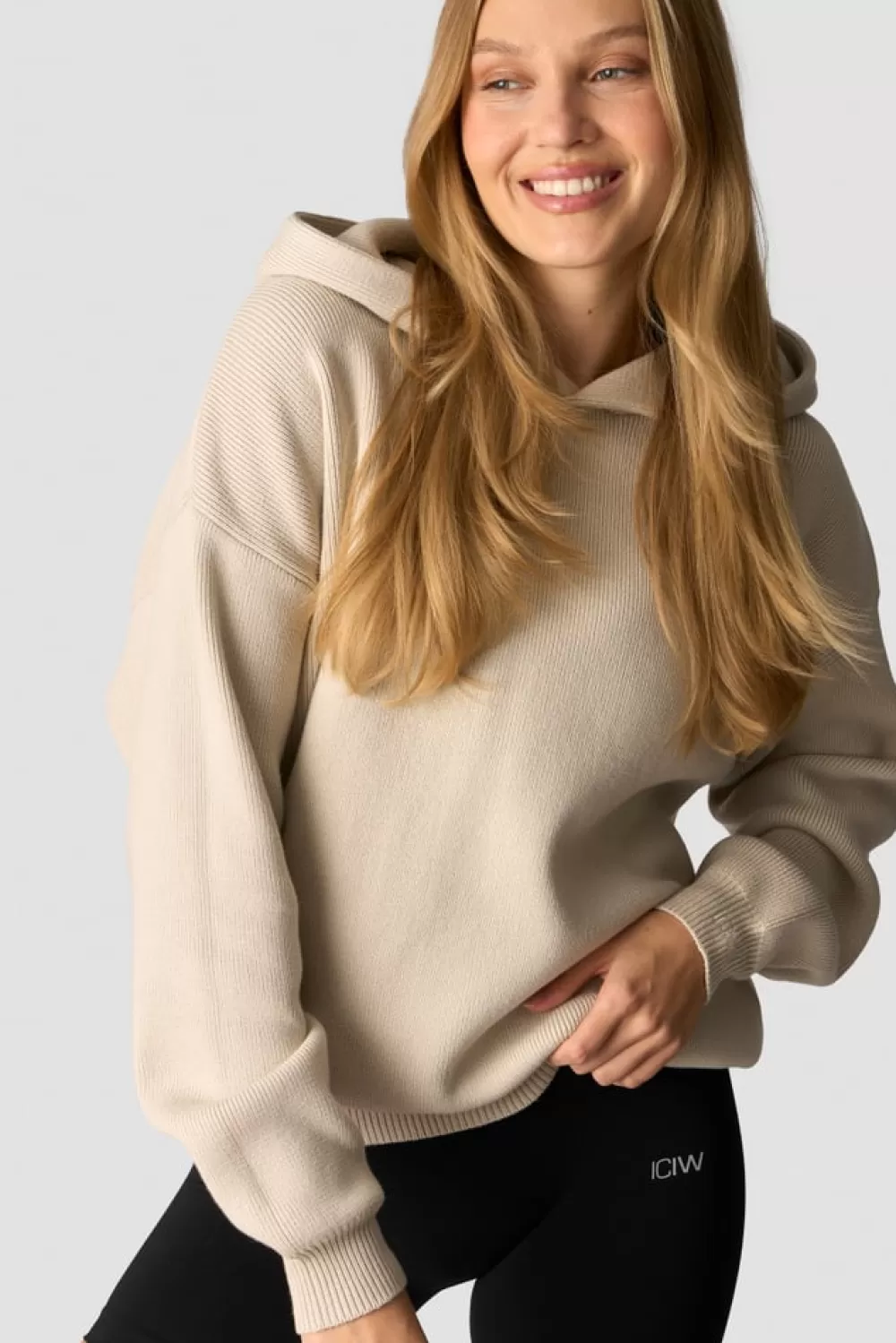 Women ICIW Soft Knit Oversized Hoodie Light Beige